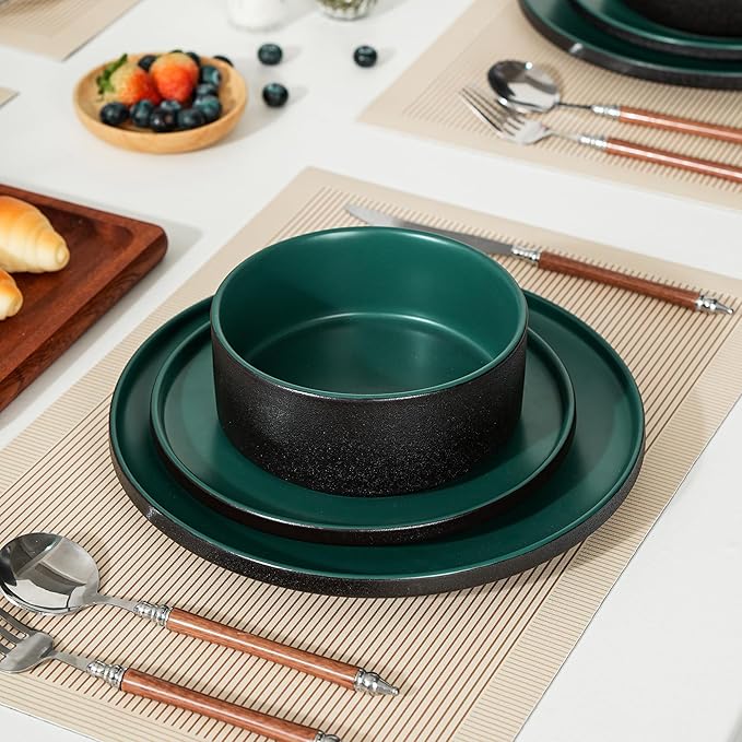 6 Piece Ceramic Dinnerware Set for 2, Modern Minimalist Stoneware Dinner Plates and Bowls, Microwave Safe, Dishwasher Safe, Versatile for All Seasons, Matte Green