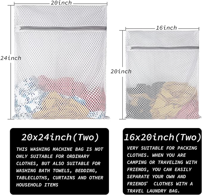 Extra Large Honeycomb Mesh Laundry Bag125gsm Net Fabric Durable and Reusable Delicate Wash Bag,Travel Organization Bag for Lingerie,Clothes,Jeans,Bath Towel,Sock (Set of 4(2L+2XL))