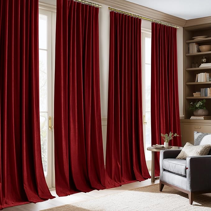 NICETOWN Red Blackout Velvet Curtains 120 inch Long 2 Pieces, Back Tab Rod Pocket with Pleat Tape Window Treatment for Sliding Glass Door Noise Reducing Thermal Insulated Drapes, 52" Wide Each Panel
