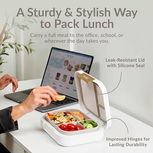 Bentgo Modern - Adult & Teen Bento Lunch Box; 3-4 Compartments, Leak-Resistant, 5.5 Cup Capacity/44 fl oz, Improved Locking Clips, Reusable, BPA-Free, Dishwasher/Microwave Safe Tray (White)
