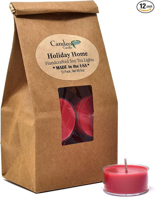 Candeo Candle Woodsy Winter Tealights 12 Pack Soy Beeswax Blend – Winter Lodge, Fraser Fir, O Christmas Tree, Clove & Holiday Home – Cozy Cabin Holiday Candles Handmade USA (Holiday Home)