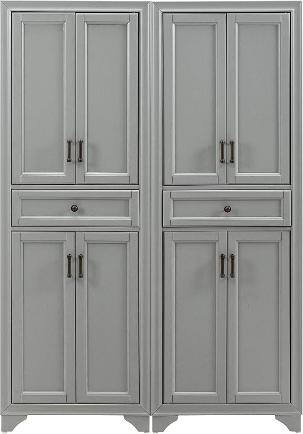 Crosley Furniture Tara 2-Piece Pantry Storage Cabinet Set with Shelves, Kitchen, Dining, or Laundry Room, Distressed Gray
