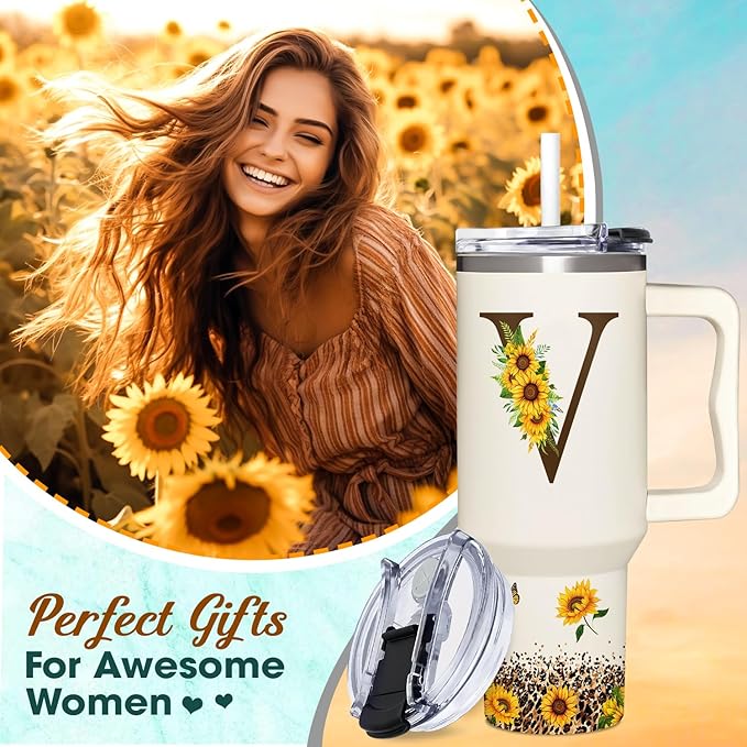 Personalized Birthday Gifts For Women - Sunflowers Monogrammed Cup For Boss Day, Christmas - Customized Gifts For Women, Mom, Wife, Coworkers, Boss Lady, Her - Custom Tumbler With Handle 40oz