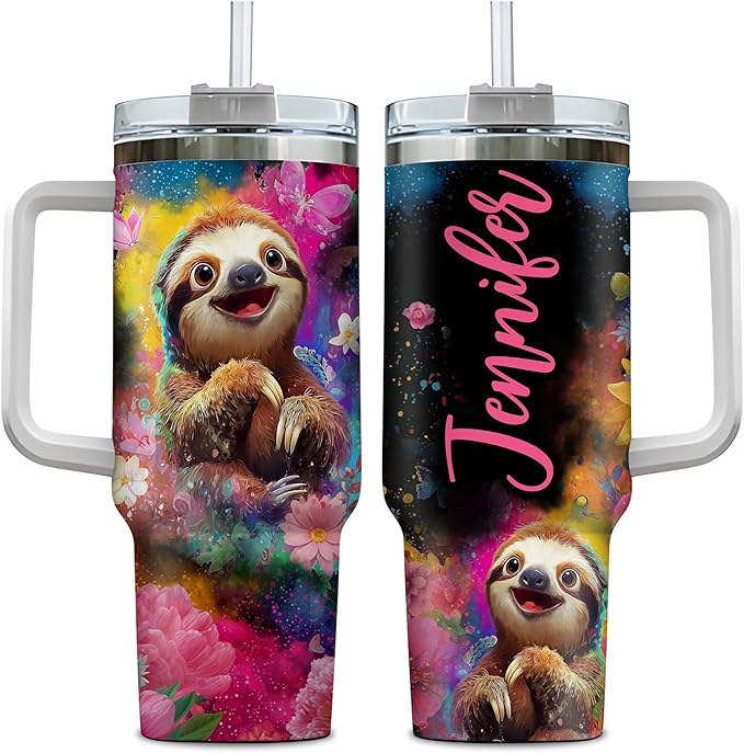 Personalized Sloth 40oz Tumbler with Handle and Straw Gifts for Sloth Lovers, Cute Animal Lover Gifts For Women Girl, Unique Birthday Christmas Gift, Custom Name Stainless Steel Travel Cup