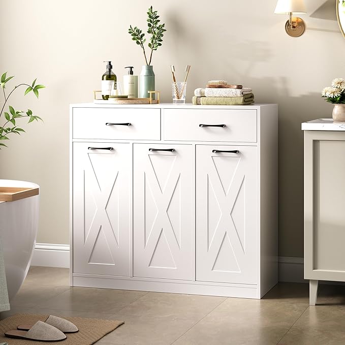 Laundry Hamper Cabinet with Pull-Out Bags, 2 Drawers & Top Shelf, Hidden Laundry Basket Storage, 3 x 15.87 Gallons, Laundry Storage Cabinet for Laundry Room, Bedroom White YL01XLW