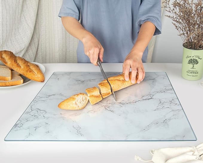 Glass Cutting Board 20”x16”: Tempered Glass Kitchen Counter Protector - Durable- Scratch-Resistant, Heat-Proof - Design 3 - Grey Marble Effect