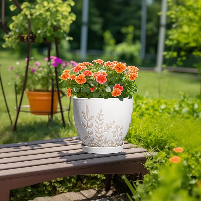10 Inch Indoor Planter with Saucer - Boho Ceramic Plant Pot with Drainage for Indoor Plants, Large Flower Pot, Home Office Garden Room Decor, Plant Lovers Gifts, White