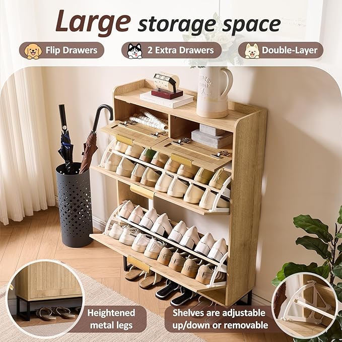 Fluted Shoe Cabinet Storage for Entryway – Narrow Shoe Rack with 2 Flip Drawers & 2 Storage Drawers, Freestanding Hidden Shoe Organizer for Foyer, Hallway (Natural)