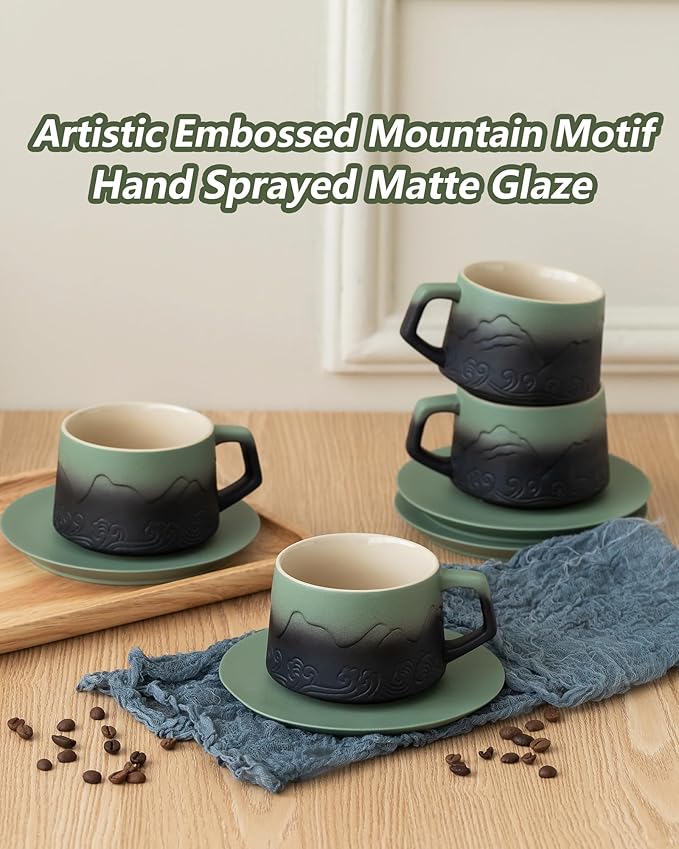 ZENS 8 Ounce Cappuccino Cups Set of 4, Embossed Artistic Cappuccino Mug with Saucers for Latte Art, Ceramic Coffee Cups for Au Lait Cafe or Matcha Tea Cup Gifts, Moss Green & Black