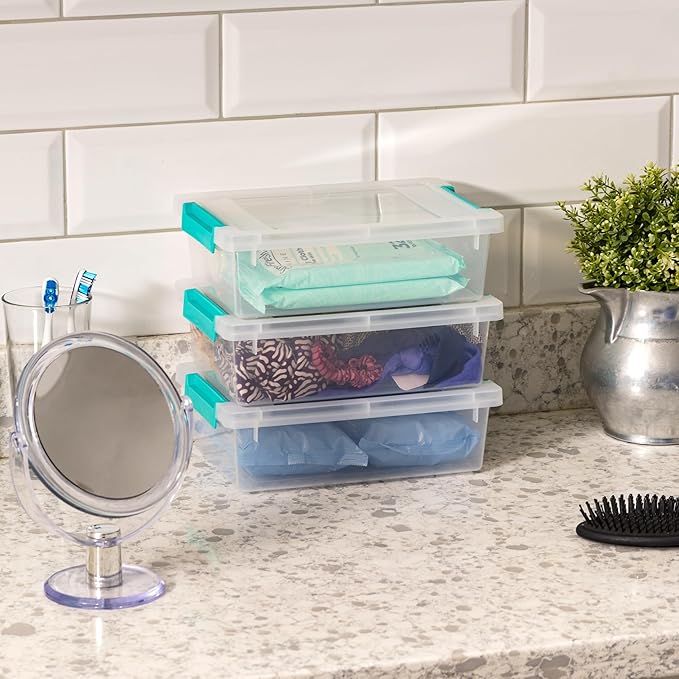IRIS USA 2 Qt. Small Plastic Storage Bins with Lids, 6 Pack, Clip Box Containers for Craft Storage, Organizing Tote Sensory Bins for Home, Office & Art Supplies, Stackable, Clear