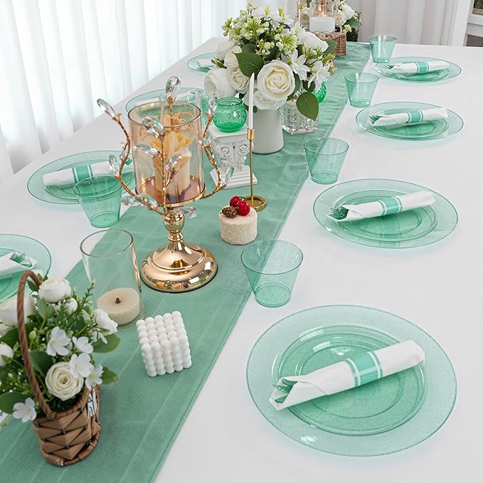 DaYammi 350 Pieces Green Glitter Dinnerware Set 50 Guest for Party- 50 Dinner Plates, 50 Dessert Plates -50 Per Rolled Napkins with Green Cutlery - 50 Disposable Cups 9 OZ