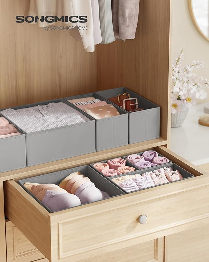 SONGMICS Drawer Organizers, Dresser Divider Organizers, Set of 18, Foldable Fabric Storage Boxes for Socks, Underwear, Bras, Ties, Scarves, Dove Gray URDZ006G05