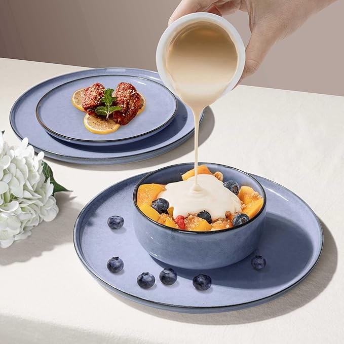 Herogo 24-Piece Stoneware Dinnerware Sets for 8, Stackable Dinner Plates and Bowls Sets, Double Reactive Glaze Dishware Place Setting for Kitchen, Scratch Resistant, Microwave Safe, Haze Blue