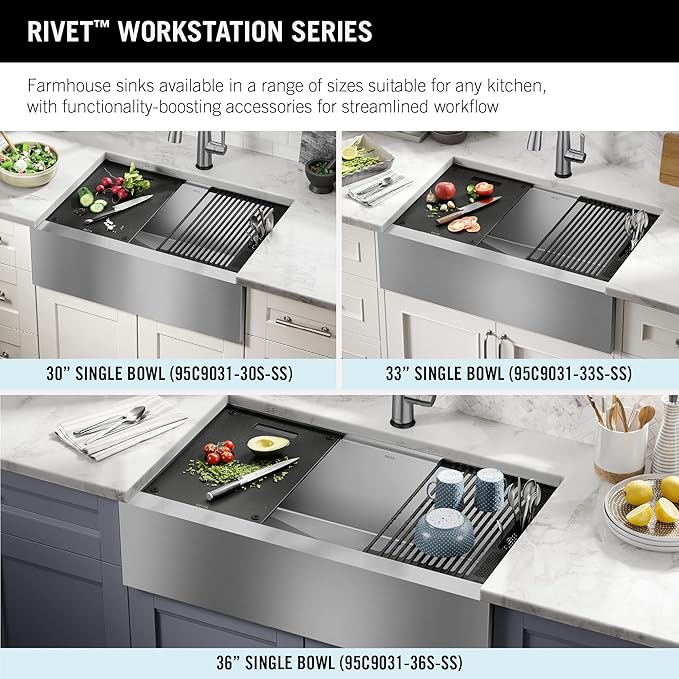 DELTA FAUCET Rivet 36-inch Workstation Farmhouse Apron Front Kitchen Sink Undermount 16 Gauge Stainless Steel Single Bowl with WorkFlow Ledge and Kit of 5 Accessories, 95C9031-36S-SS