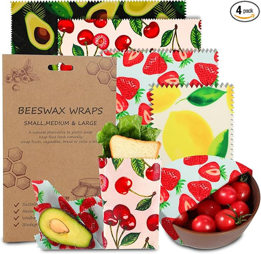 Reusable Beeswax Wrap, 4 Pack Eco-Friendly Beeswax Wraps For Food, Organic, Sustainable, Biodegradable, Zero Waste, Plastic-Free Food Storage, 1L Avocado, 1M Cherry, 1S Strawberry, 1XS Lemon Patterns