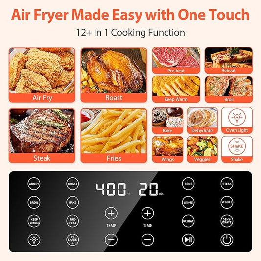 Beelicious 5.8QT Large Air Fryer, 12-in-1 Digital Airfryer with Clear Window, 40+ Recipes, Flavor-Lock Tech, Shake Reminder, Compact, Quiet, Dishwasher Safe, Nonstick (Black)