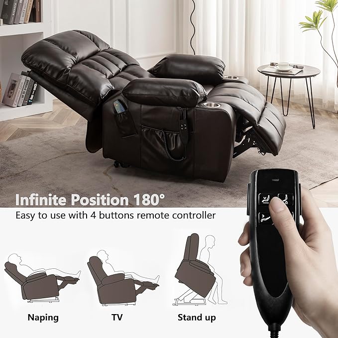 Dual Motor Power Lift Recliner Chair for Big and Tall Elderly Adults Electric Lay Flat Recliner, Stand Up Lift Chairs Recliners with Massage Heat, Cup Holders, Side Pockets, Lumbar Pillow