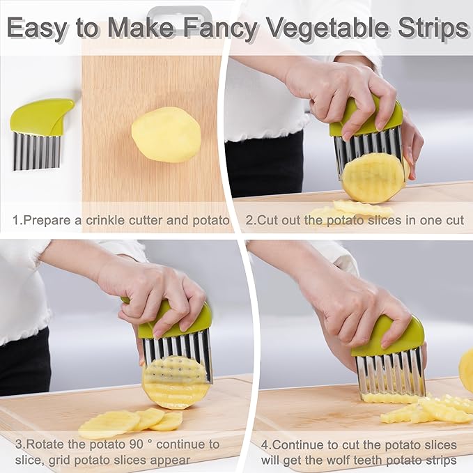 2 Pcs Stainless Steel Crinkle Cutter for Veggies, Wavy Cutter for Potato, Carrot, Chip, Vegetable, Butter, Lettuce (Green and Blue)