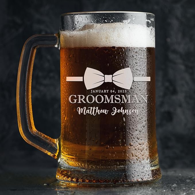 Groomsmen Gifts - Personalized Beer Mugs - Groomsmen Proposal Gift Idea - Customized Gift for Groom, Best Man, Groomsman - Custom Engraved Beer Mugs for Grooms Men - Groomsmen Beer Glasses (Design C)