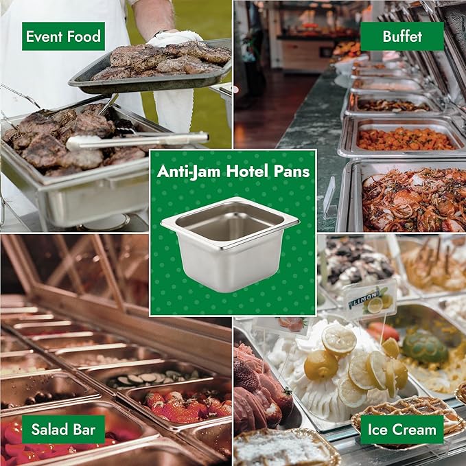 HECMAC 6 Pack Anti-Jam Hotel Pans, 1/6 Size 4 Inch Deep, Commercial Stainless Steel Chafing Steam Table Pan, Catering Storage Metal Food Pan, 23 Gauge