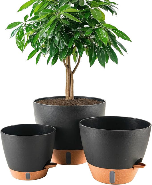 8/10/12 Inch Self Watering Pots for Indoor/Outdoor Plants - Large Plastic Planter with Drainage Holes, Water Level Indicator & Deep Reservoir, Modern Decorative Flower Pots (Black)