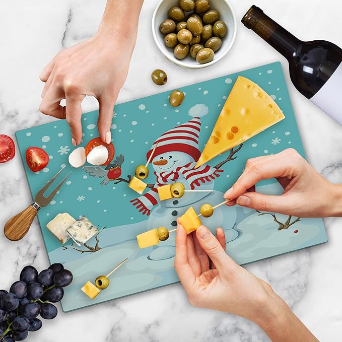 Ambesonne Snowman Cutting Board, Winter Time Snow Silhouette with a Bird and Branches Happy Christmas Design, Decorative Tempered Glass Cutting and Serving Board, Large Size, Aqua Blue