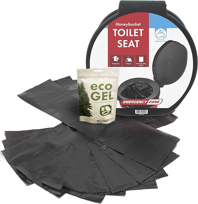 Emergency Zone Eco Gel Sanitation Set | Honey Bucket Toilet Seat, Liners and Porta-Potty Chemicals Set, Hygienic Waste Disposal System for Camping, Hiking, Emergency Preparedness