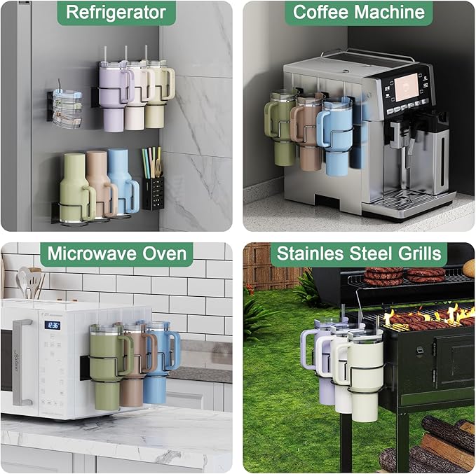 Magnetic Cup Holder for Fridge, Aufworld Tumbler Organizer Fits 20/30/40 oz Stanley Cups, Accessory Storage with Lid & Straw Holder, Space-Saving Storage Rack for Kitchen Fridge (Black-Cup Holder Set)