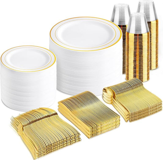 bUCLA 600Pcs White and Gold Plastic Plates - Gold Disposable Dinnerware Set for 100 Guests Include 100 Dinner & 100 Dessert Plates, 100 Cups, 100 Forks, 100 Spoons, 100 Knives for Party