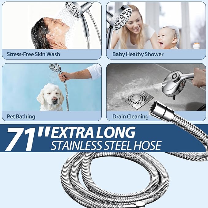 Filtered Handheld Shower Head with Chlorine Filter - 10 High Pressure Spray Modes, Magnetic Mount, 71-Inch Hose, Water Saving & Easy Install (All Chrome)