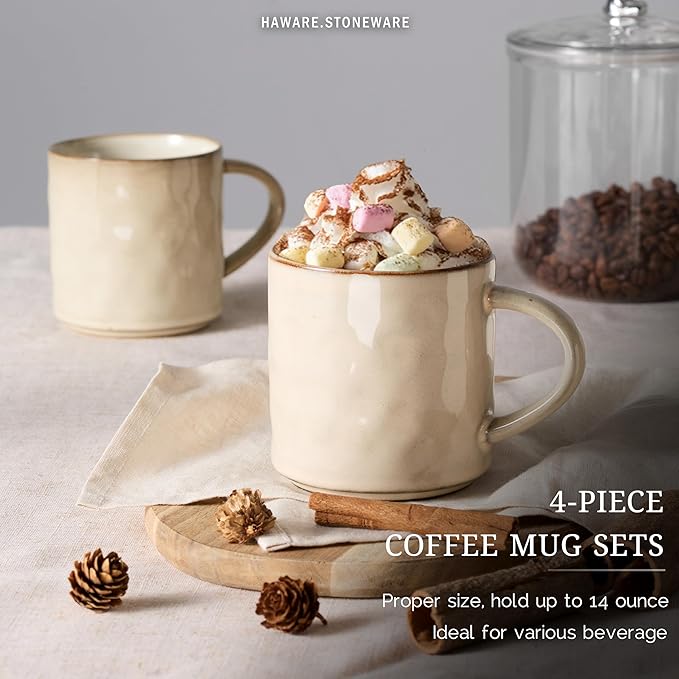 HaWare 14OZ Coffee Mugs Set of 4, Stoneware Coffee Cups with Handle, Latte Mug for Man, Woman, Dad, Mom, Modern Tea Mugs for Latte/Cappuccino/Cocoa/Milk, Dishwasher& Microwave Safe, Saturn Khaki