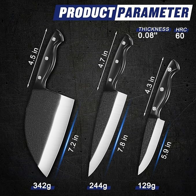 SSGP Butcher Knife Set of 3- Japanese Knife Set for Meat Cutting, Hand Forged Viking Knives Sets with Meat Cleaver, Heavy-Duty Kitchen Knives Sets for Bone BBQ Vegetable, Christmas Gifts for Men