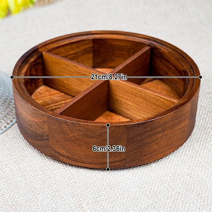 Wooden Snack Box with Glass Lid, 4-Compartment Serving Tray for Nuts, Candy, Dried Fruits, Multipurpose Storage Container for Home & Parties