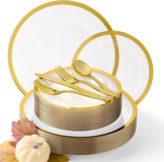 By Madee HEAVYWEIGHT Clear Plastic Plates With Gold Trim | Nice Disposable Plates and Cutlery Set | Includes Gift of Dazzling 3D butterflies for table Decor | 150mPcs for 25 Guests
