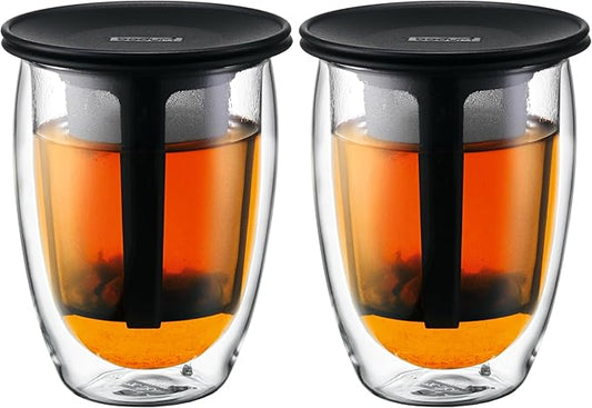Bodum 12oz Tea Strainer w/Lid, Double Wall, High-Heat Borosilicate Glass, Set of 2, Black