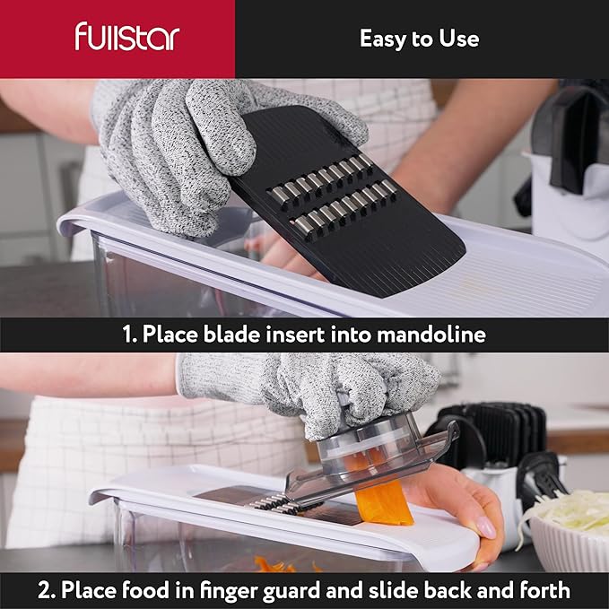 Fullstar Mandoline Slicer for Kitchen, Fruit Cutter, Cheese Grater, Cucumber Slicer, Veggie Spiralizer, Food Cutter & Kitchen Gadgets & Gifts with Safety Glove (9 in 1, White)