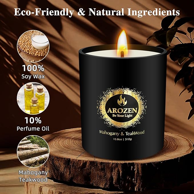 Mahogany Teakwood Scented Candles, Gifts for Men, Father's Day Holiday Masculine Candle Gifts, Black Soy Candles for Home Scented, Extra Large with 70H Long Lasting Burn 10.8oz