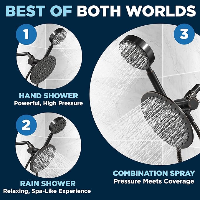 HammerHead Showers® Solid Metal Dual Shower Head Combo – OIL RUBBED BRONZE – 8 Inch Rainfall High Flow Shower Head & Handheld Shower Head High Pressure with Hose 6ft - Hotel-Like Double Shower Heads