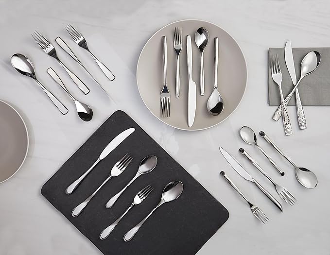 Nambé Anna Flatware Set by Lou Henry – 45-Piece, Stainless Steel Silverware for 8 with Serving Tools – Contemporary Tapered Handles & Flower Cutout Design, Easy to Maintain & Built for Everyday Use