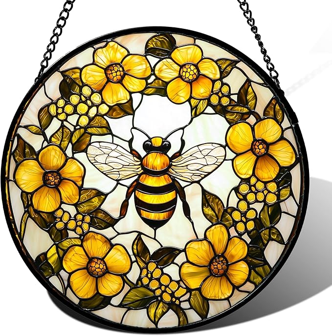 Stained Glass Window Hanging - Yellow Flowers Surrounded by Bees Sun Catcher for Door Garden Home Decor Cute Suncatcher Christmas Mother's Day Birthday Gifts for Women Men Mom Nana 7.8 in