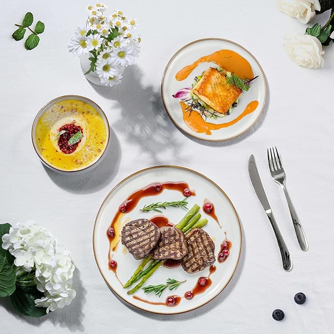 Herogo Plates and Bowls Sets for 4, 16 Piece Dinnerware Sets with Pasta Bowls, Double Reactive Glaze, Microwave & Dishwasher Safe, Chip & Scratch Resistant, Ivory White
