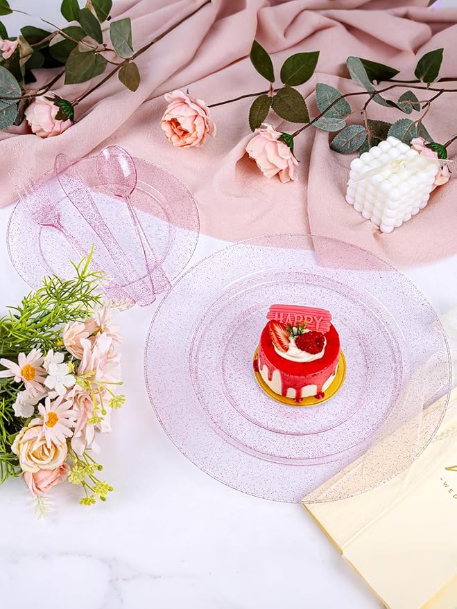 WDF 200PCS Pink Plastic Plates - Rose Gold Glitter Plastic Plates - Heavy Duty Pink Glitter Disposable Plates for Parties/Wedding/Valentine's Day