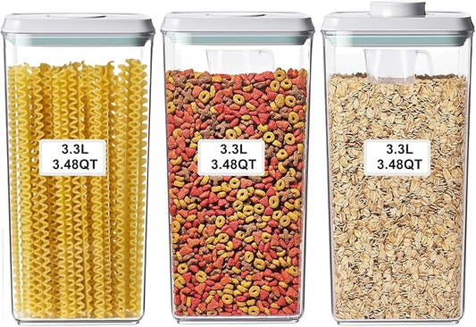 Airtight Food Storage Containers with Lids Pop Up Containers Pasta Organizer for Kitchen Pantry Cereal Snack Flour Sugar Coffee (3pc 3300ml / 3.48qt)