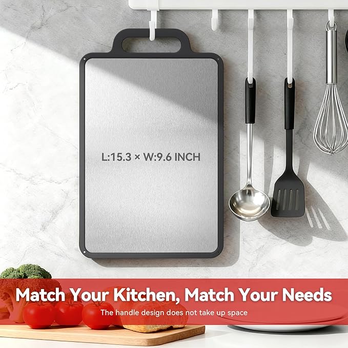 Double-Sided Solid Stainless Steel Cutting Board for Kitchen, 304 Grade & Dishwasher Safe - Non-Slip with Juice Groove, Perfect for Meat and Veggies, 15.3x9.6 Inch