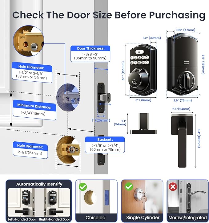 Veise VE012W-L Built-in WiFi Fingerprint Smart Lock with Lever Handle Set, App Remote Control, Keyless Entry for Front Door, Deadbolt Digital Backlit Keypad, Voice Assistant, Auto Lock, Matte Black