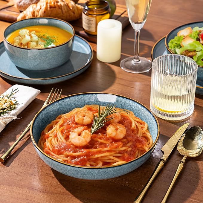 GBHOME Ceramic Dinnerware Sets for 6, 18 Pieces Stoneware Plates and Bowls Sets, Scratch Resistant Dishes, Dishwasher & Microwave Safe, Space Blue
