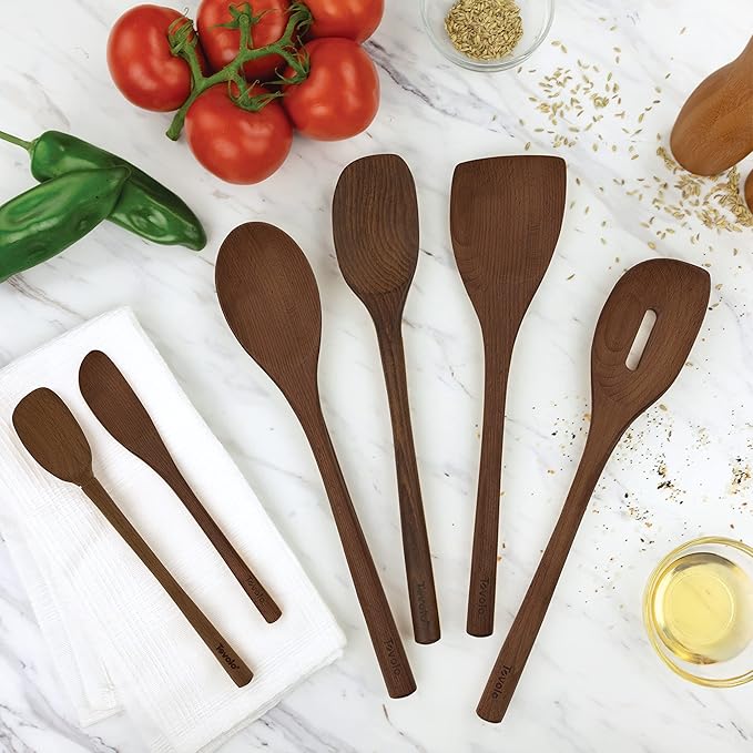 Tovolo Red Beechwood Utensil Set of 6 for Meal Prep, Cooking, Baking, and More