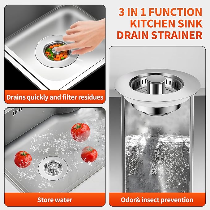 3-in-1 Kitchen Sink Drain Strainer with Bounce Core - Universal Stainless Steel Drain Stopper 2-Pack, Easy to Install & Clean, Upgraded Design