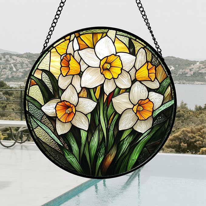 Stained Glass Window Hanging, Yellow and White Daffodils Sun Catcher for Door Home Decor Plants Flowers Suncatcher Christmas Mother's Day Birthday Gifts for Women Men Mom Nana 15 in