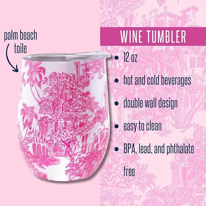 Lilly Pulitzer 12 Oz Insulated Tumbler with Lid, Yellow/Green Stainless Steel Travel Wine Glass, Double Wall Metal Cup (Palm Beach Toile)